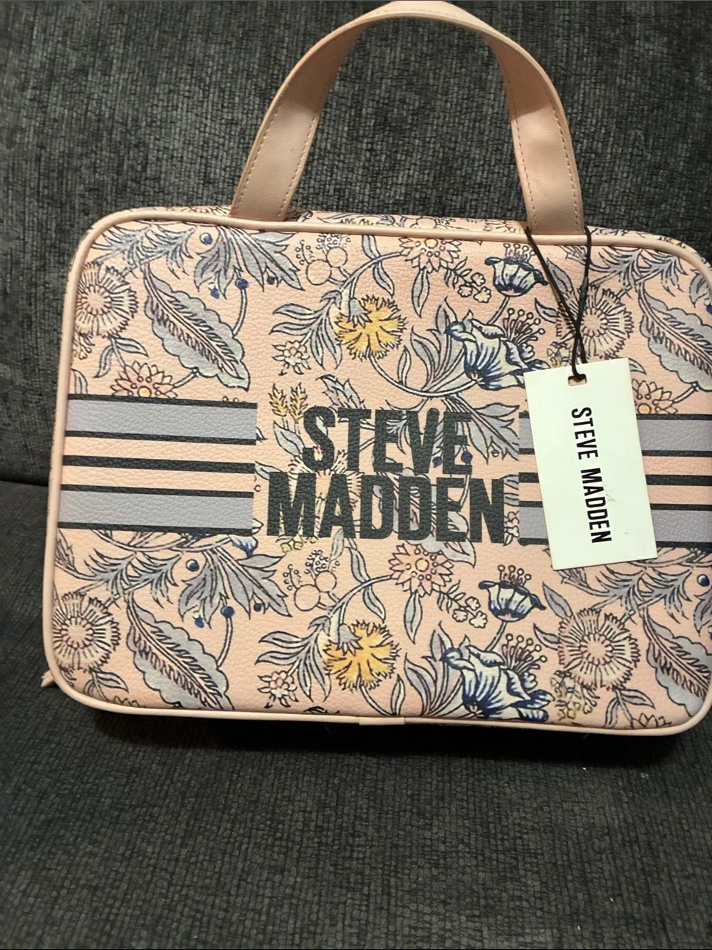Steve Madden Pink Floral Cosmetic Bag with Navy and Yellow Accents